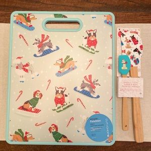 Christmas Dogs On Skis & Snowboards Cutting Board & Christmas Dog Spatula Set